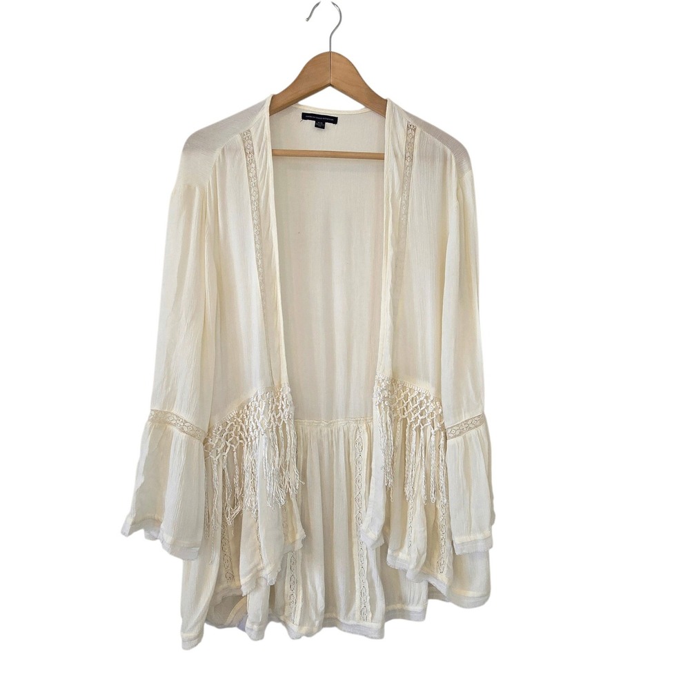 American Eagle Ivory Boho Kimono M Lace Fringe Bell Sleeve Festival Cardigan